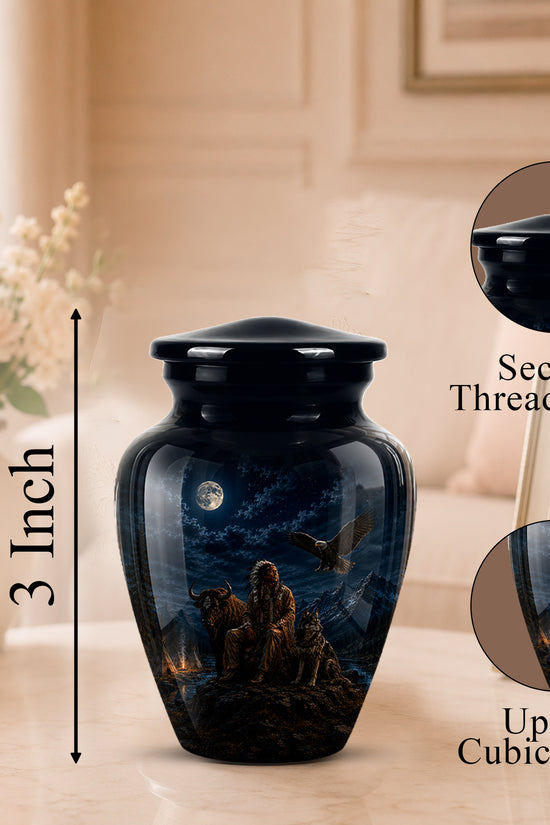 A black urn-style memorial vase with a printed night sky and crows design, shown on a tabletop in a softly lit room. The image includes a 3-inch height marker, a close-up inset of the secure threaded lid, and a close-up inset of the printed design, with text reading 'Secure Threaded Lid' and 'Up to 3 Cubic Inches.