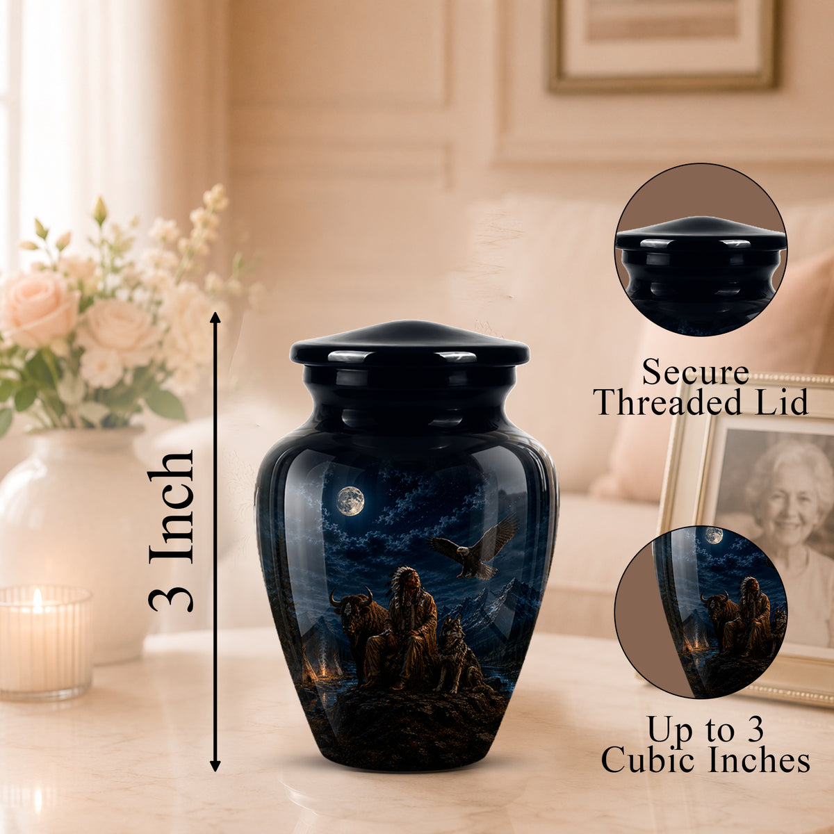 A black urn-style memorial vase with a printed night sky and crows design, shown on a tabletop in a softly lit room. The image includes a 3-inch height marker, a close-up inset of the secure threaded lid, and a close-up inset of the printed design, with text reading 'Secure Threaded Lid' and 'Up to 3 Cubic Inches.
