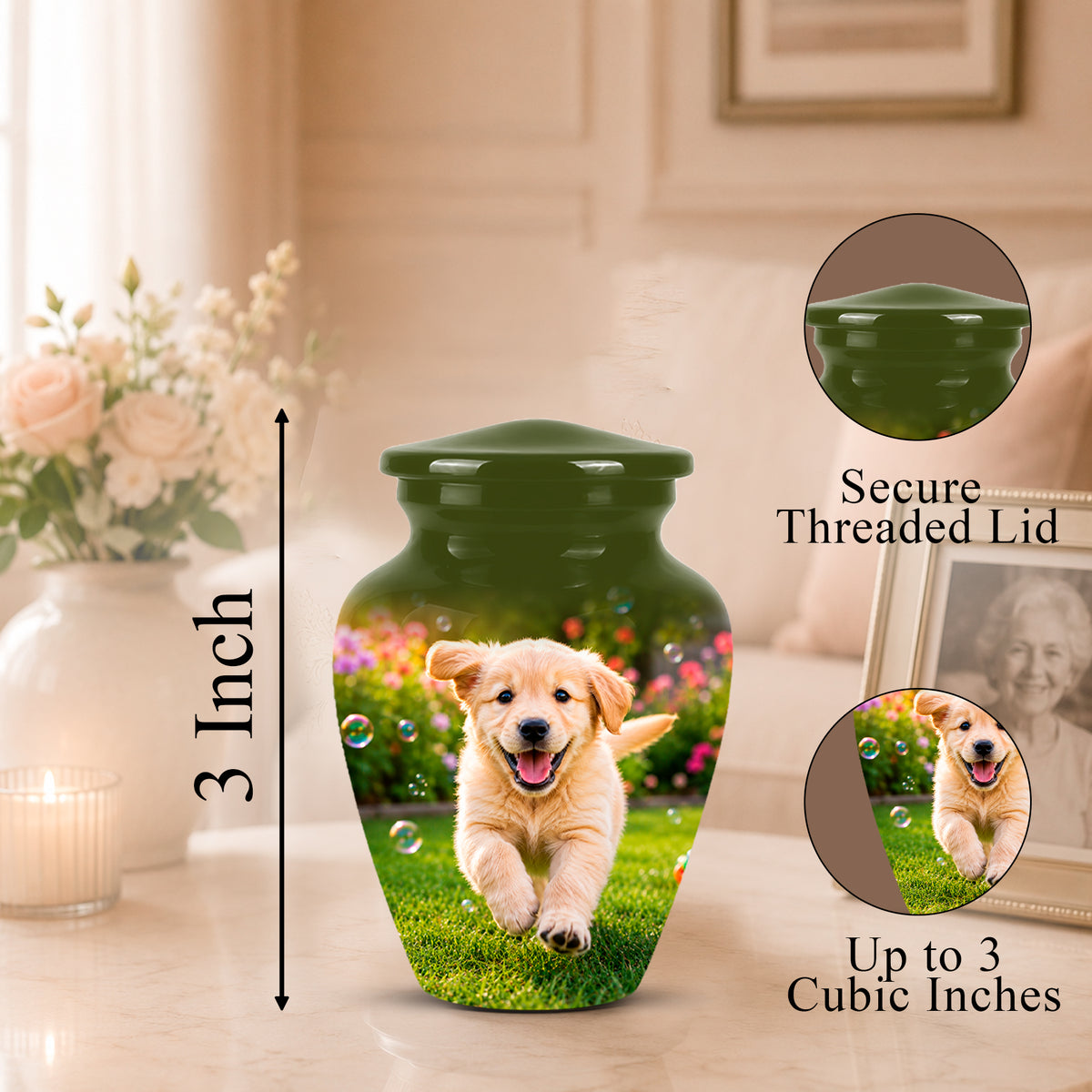 Personalized dark green urn with a printed photo of a golden retriever puppy on the front, shown in a softly lit indoor setting with measurement callouts and circular inset details about the secure threaded lid and cubic inch capacity.