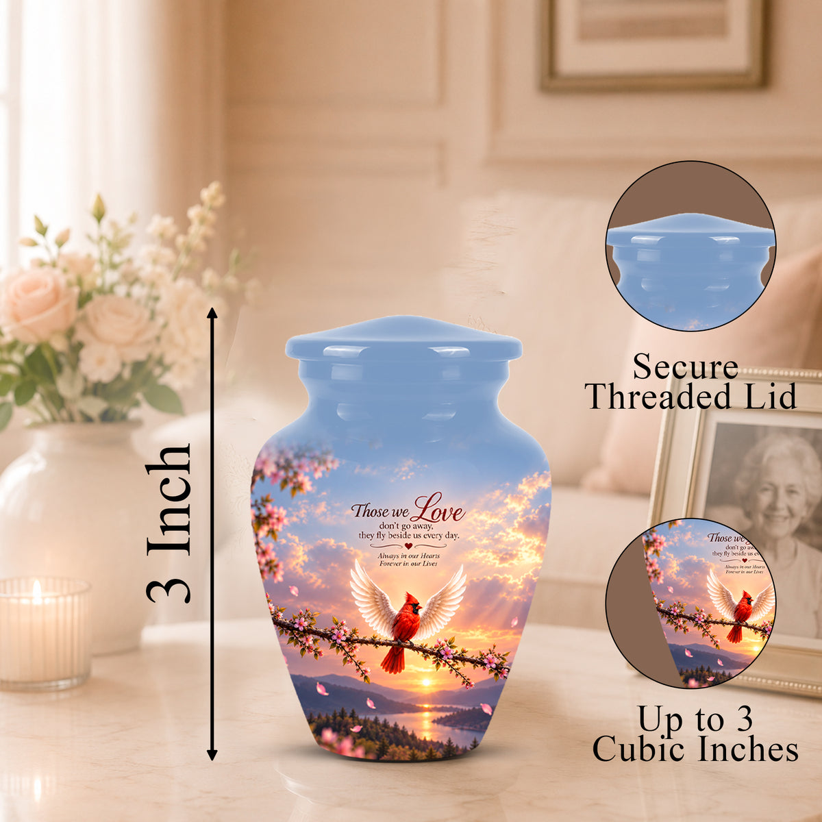 Personalized ceramic cremation urn with a blue sky and sunset design, featuring a red cardinal and cherry blossoms, shown on a tabletop with dimension and feature callout graphics.