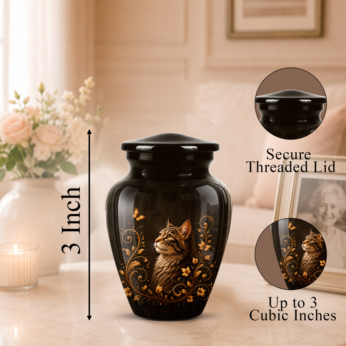Black cremation urn with a glossy finish, featuring a detailed illustration of a tabby cat and gold floral scrollwork. The urn is shown on a marble tabletop in a warm, softly lit living room setting, with dimension and feature callout overlays.
