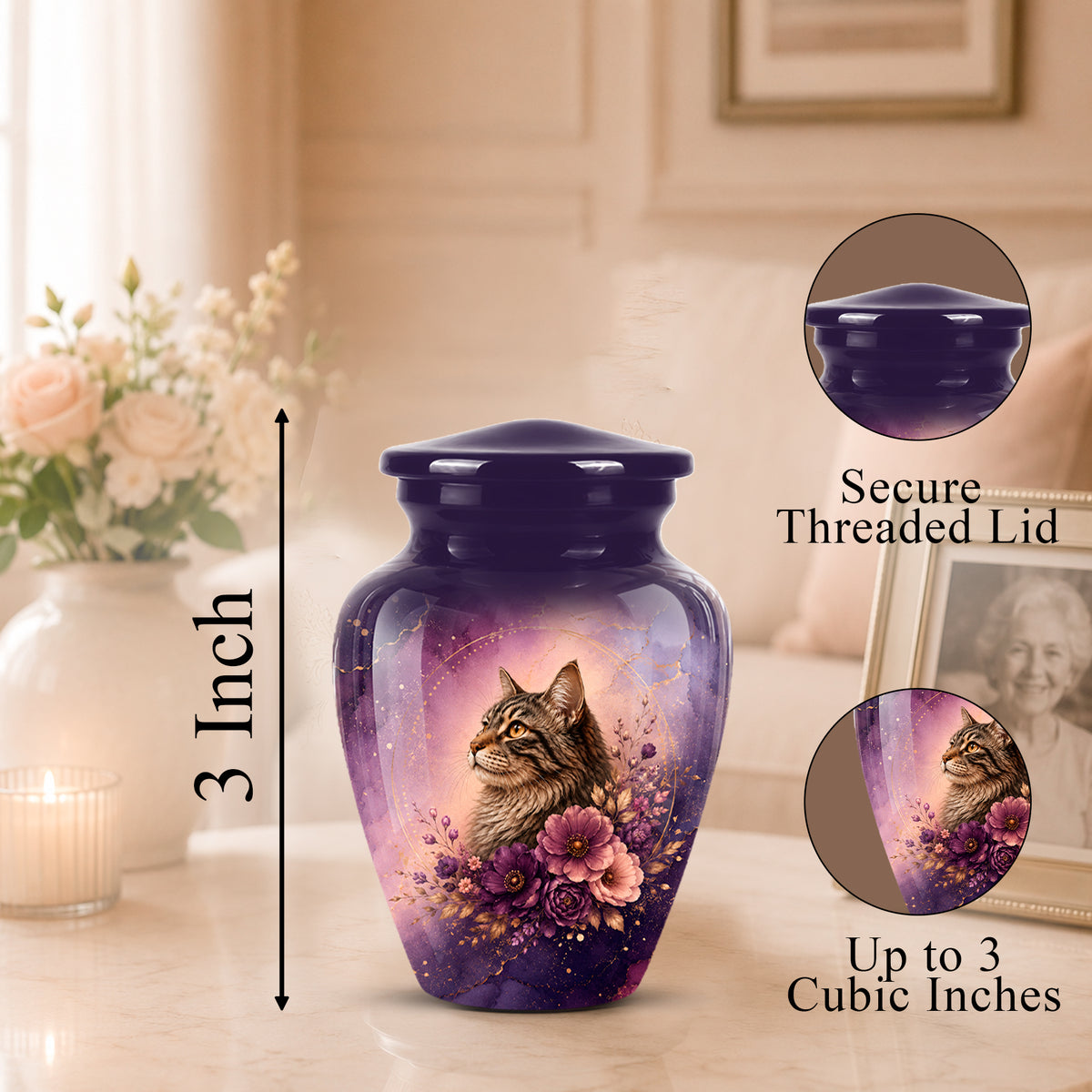 A purple and lavender cremation urn with a printed tabby cat and floral design, shown on a tabletop in a softly lit room. The image includes a 3-inch height marker, a close-up inset of the secure threaded lid, and a circular detail inset showing the printed artwork up to 3 cubic inches.