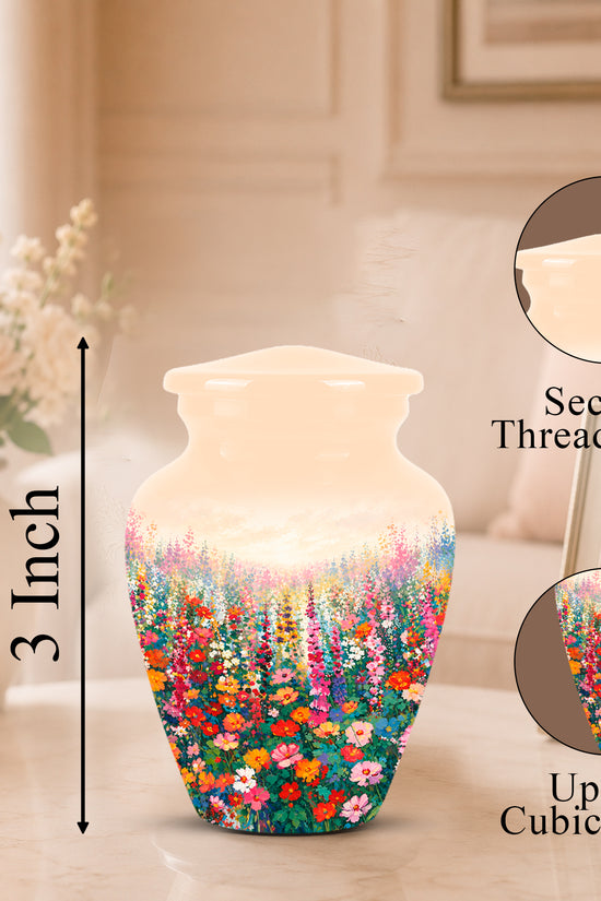 A floral ceramic urn vase with a threaded lid, shown on a tabletop in a softly lit room. The vase has a cream-colored upper body and a colorful wildflower print around the lower half.