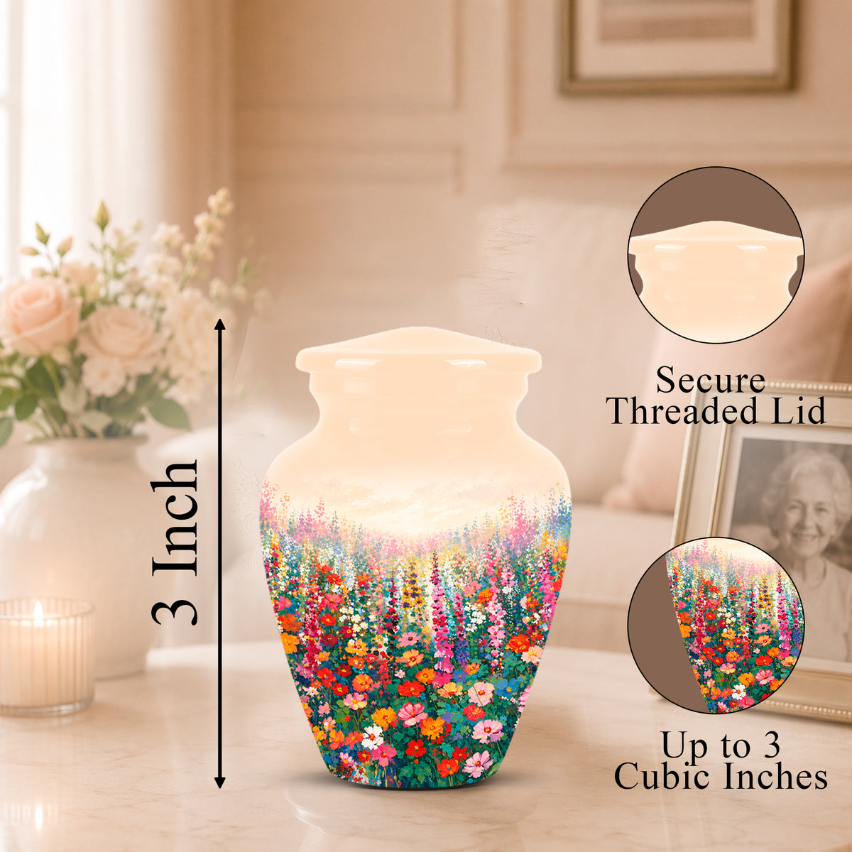 A floral ceramic urn vase with a threaded lid, shown on a tabletop in a softly lit room. The vase has a cream-colored upper body and a colorful wildflower print around the lower half.