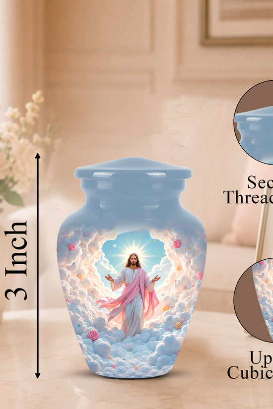 A light blue ceramic cremation urn with a printed image of Jesus surrounded by clouds, shown on a tabletop with a blurred living room background. The image includes dimension text indicating 3 inches tall and circular inset callouts showing the secure threaded lid and up to 3 cubic inch capacity.