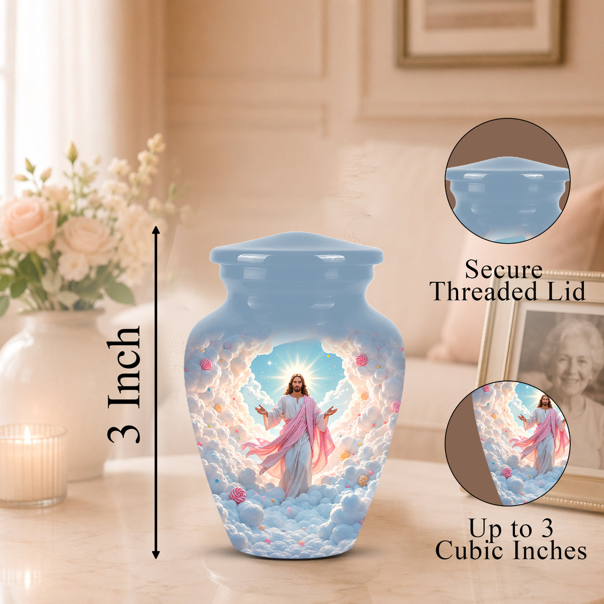 A light blue ceramic cremation urn with a printed image of Jesus surrounded by clouds, shown on a tabletop with a blurred living room background. The image includes dimension text indicating 3 inches tall and circular inset callouts showing the secure threaded lid and up to 3 cubic inch capacity.