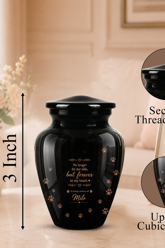 Black pet memorial urn with gold engraved text and paw prints, shown on a tabletop with a blurred home interior background. The image includes a 3-inch height marker, a close-up inset of the secure threaded lid, and a size note stating up to 3 cubic inches.