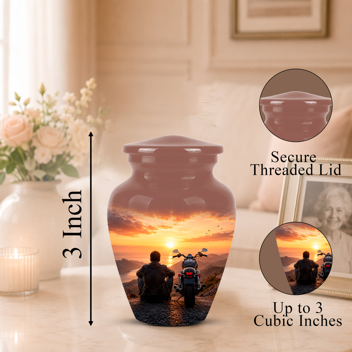 A glossy ceramic cremation urn with a threaded lid, featuring a printed sunset scene of a man and motorcycle. The image includes a 3-inch height marker, a close-up of the secure lid, and a circular inset showing up to 3 cubic inches of space for a photo.