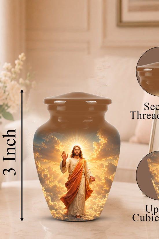 A glossy brown urn-shaped cremation vase with a printed image of Jesus on the front, shown on a tabletop in a softly lit room. A vertical arrow labels the height as 3 Inch, and two circular inset callouts highlight the secure threaded lid and up to 3 cubic inch capacity.
