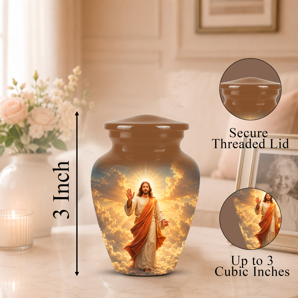 A glossy brown urn-shaped cremation vase with a printed image of Jesus on the front, shown on a tabletop in a softly lit room. A vertical arrow labels the height as 3 Inch, and two circular inset callouts highlight the secure threaded lid and up to 3 cubic inch capacity.