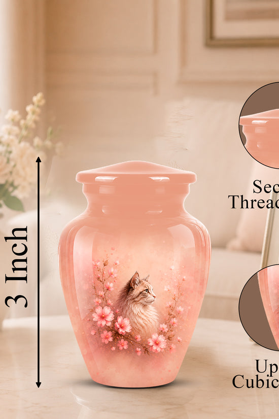 A pink memorial urn with a printed cat and floral design, shown on a tabletop in a softly lit room. The image includes dimension text indicating 3 inches height and circular inset callouts for the secure threaded lid and up to 3 cubic inches capacity.