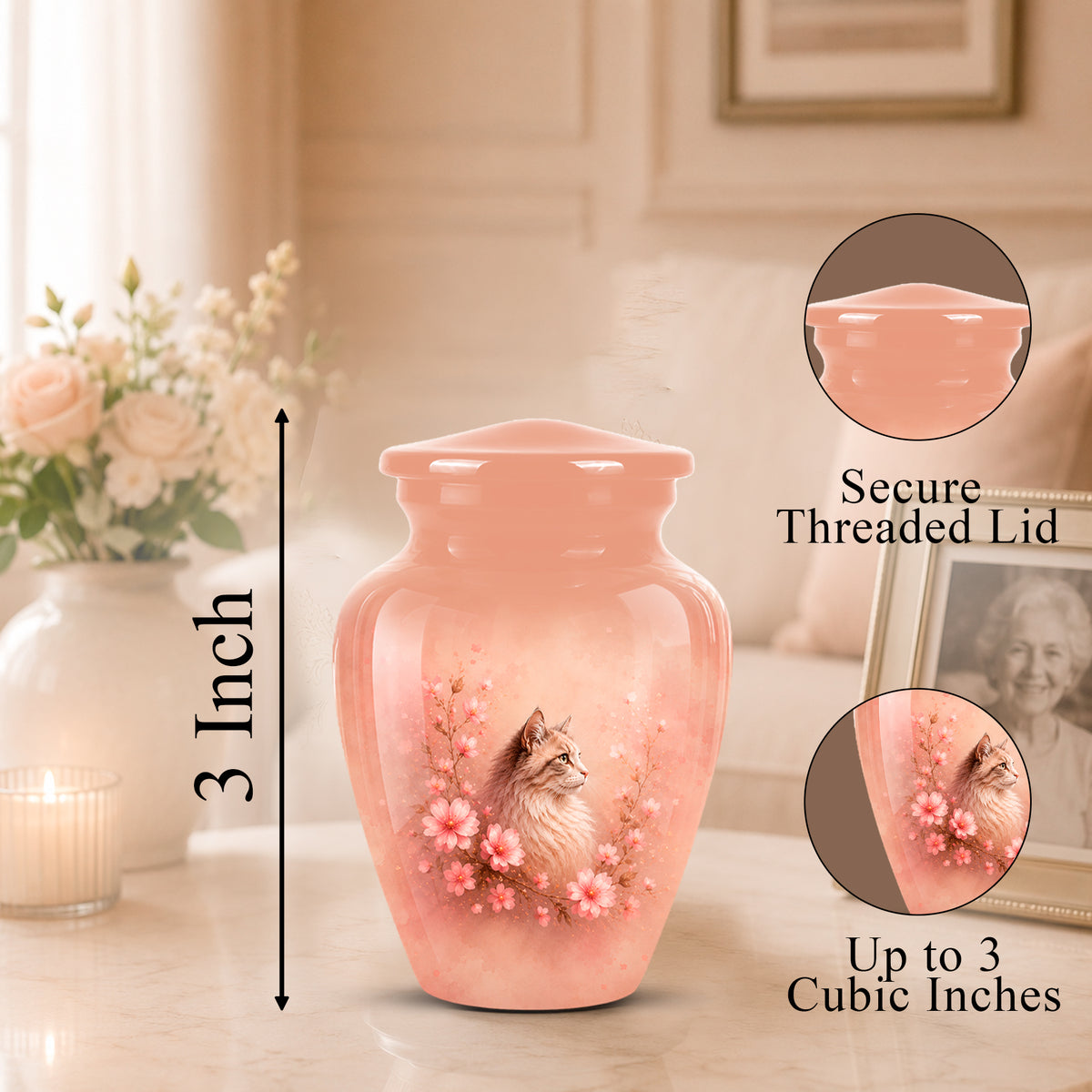 A pink memorial urn with a printed cat and floral design, shown on a tabletop in a softly lit room. The image includes dimension text indicating 3 inches height and circular inset callouts for the secure threaded lid and up to 3 cubic inches capacity.