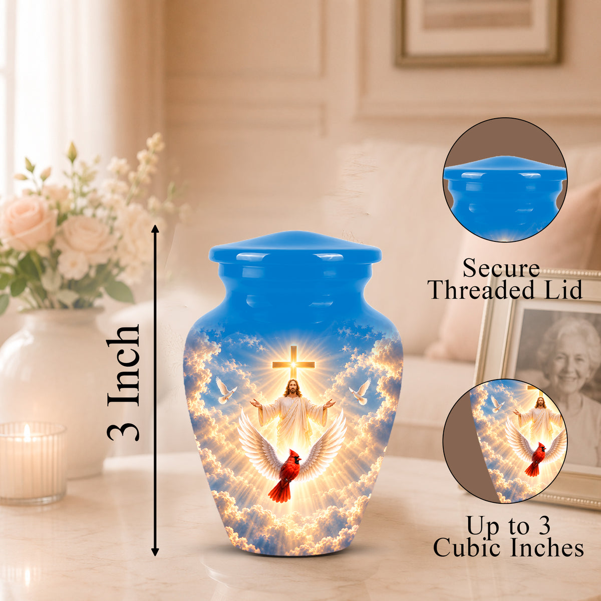 A blue cremation urn with a glowing religious design of Jesus, doves, and a red cardinal, shown on a tabletop with size and feature callouts. The image includes a 3-inch height marker, a secure threaded lid inset, and a 3 cubic inch capacity inset.