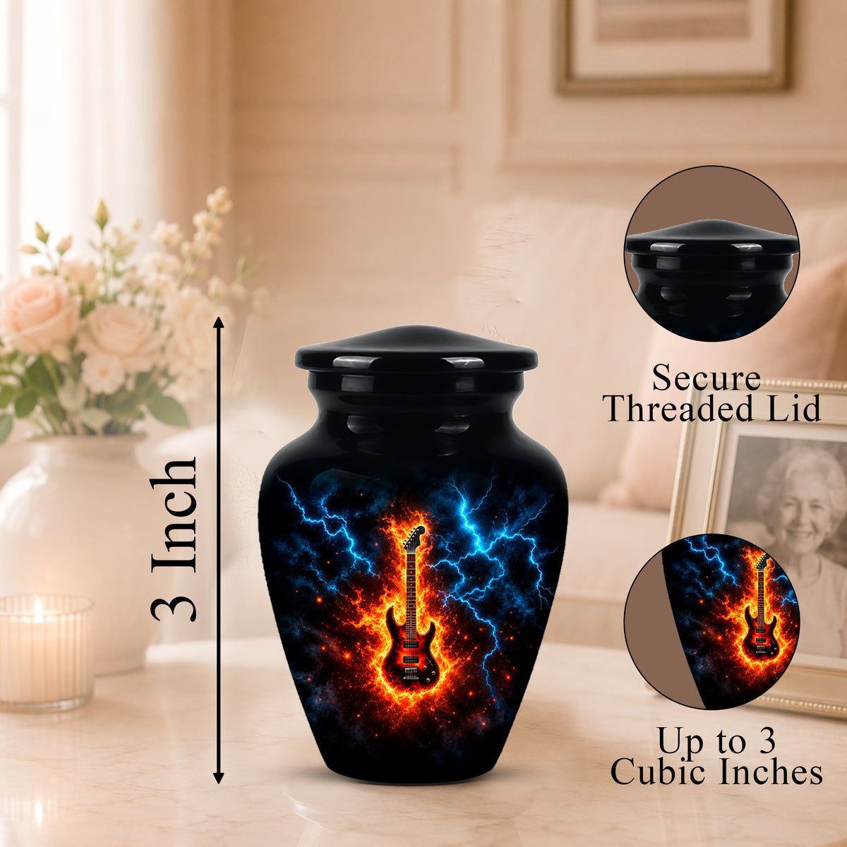 Black cremation urn with a glowing electric guitar design and blue lightning effects, shown on a tabletop with a blurred living room background. Callouts indicate a secure threaded lid, 3-inch height, and up to 3 cubic inches capacity.