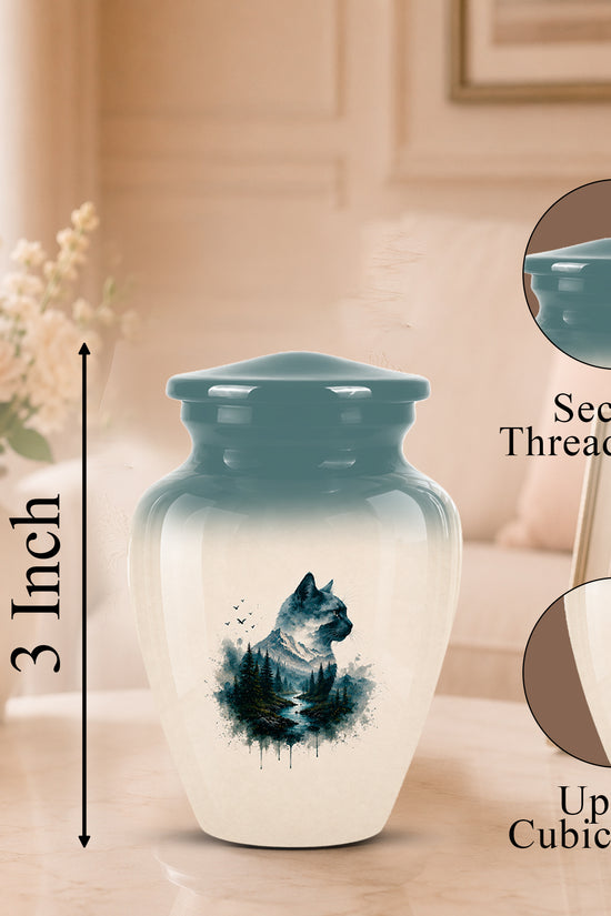 A ceramic pet memorial urn with a teal and white gradient design, featuring a watercolor-style dog portrait. The image includes dimension text indicating a 3-inch height and circular inset callouts showing the secure threaded lid and up to 3 cubic inch capacity, set in a warm, softly blurred living room environment.