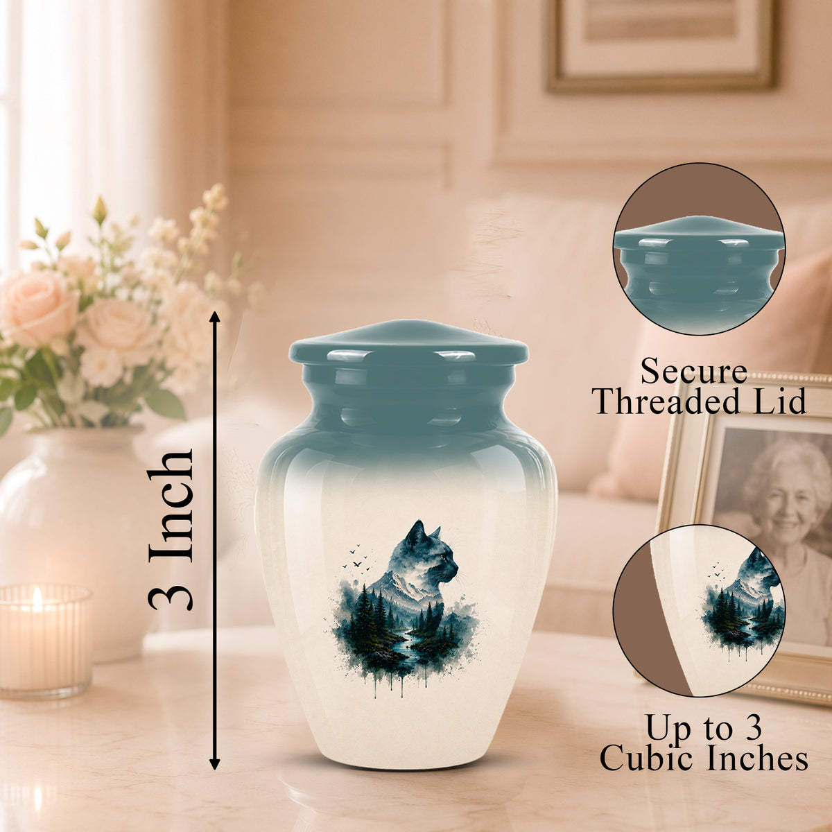 A ceramic pet memorial urn with a teal and white gradient design, featuring a watercolor-style dog portrait. The image includes dimension text indicating a 3-inch height and circular inset callouts showing the secure threaded lid and up to 3 cubic inch capacity, set in a warm, softly blurred living room environment.