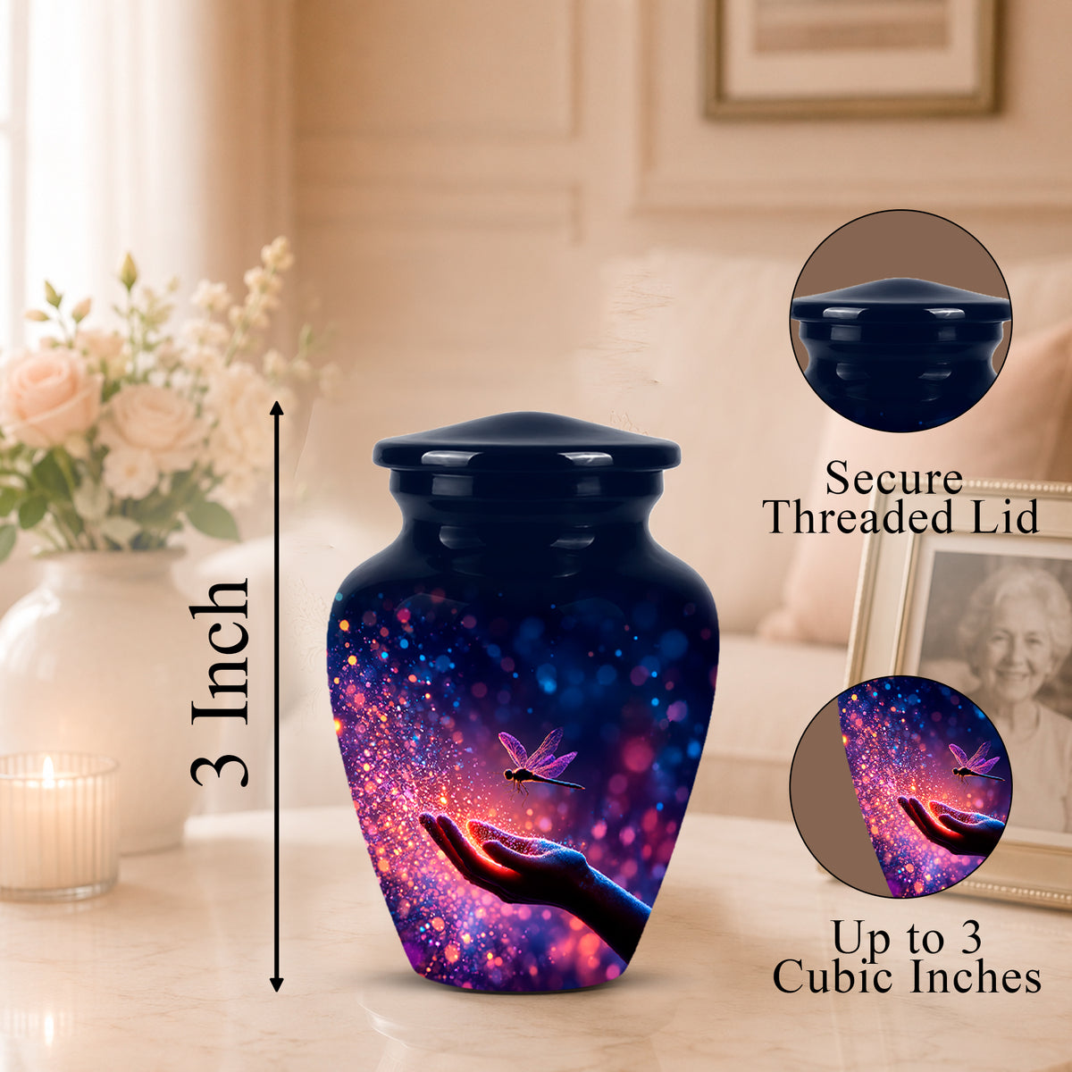 A small urn-shaped vase with a dark blue lid and a colorful cosmic print featuring a glowing hand, dragonfly, and purple-blue bokeh lights. The image includes a height marker reading 3 Inch and two circular inset callouts showing the secure threaded lid and up to 3 cubic inches capacity, set in a softly lit indoor room.