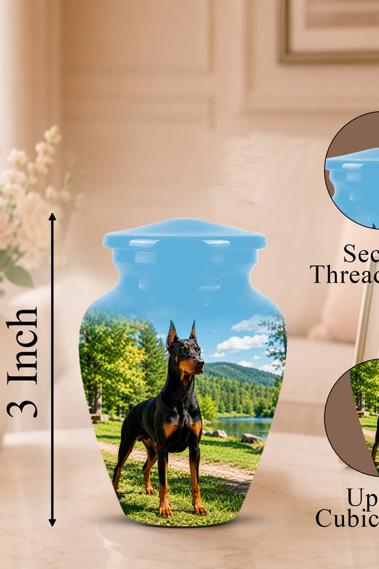 Personalized ceramic pet memorial urn with a printed Doberman dog photo and a bright blue glossy lid, shown on a tabletop with size and feature callouts.