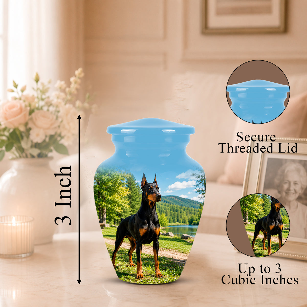 Personalized ceramic pet memorial urn with a printed Doberman dog photo and a bright blue glossy lid, shown on a tabletop with size and feature callouts.