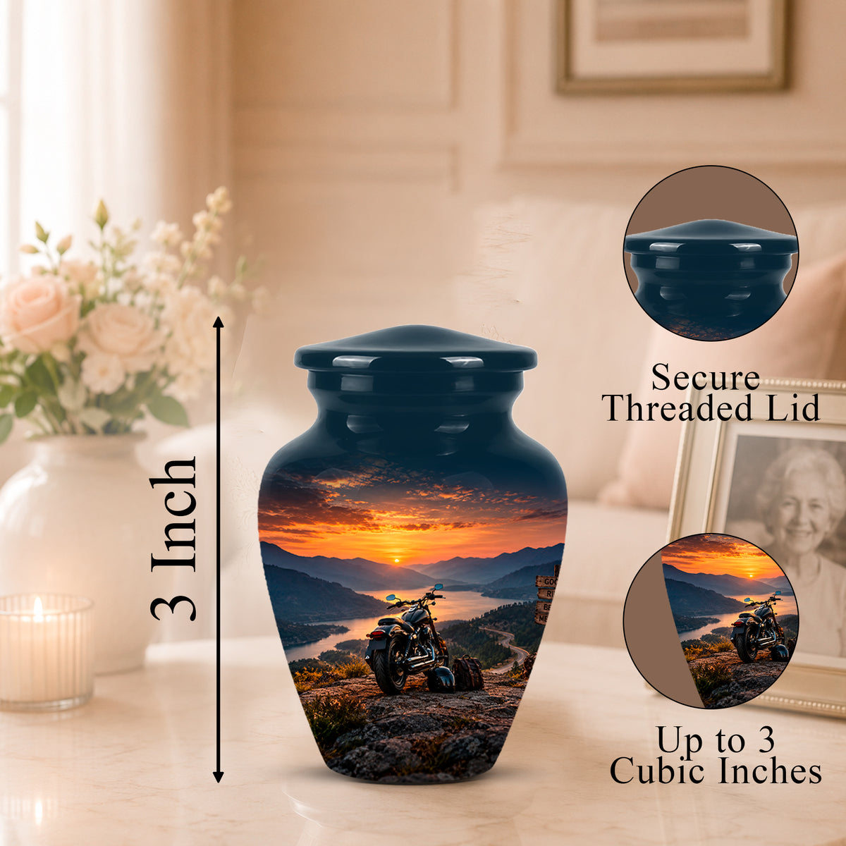 A dark blue urn-shaped memorial vase with a scenic sunset landscape print on the front, shown on a tabletop with a blurred home interior background. A vertical arrow labels the height as 3 Inch, and two circular inset callouts show the secure threaded lid and up to 3 cubic inch capacity.