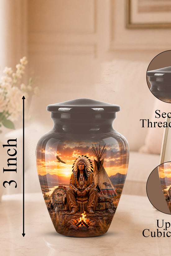 A decorative urn-shaped jar with a black threaded lid, shown on a tabletop in a softly lit indoor setting. The jar features a printed sunset scene with a person in a feathered headdress, a teepee, and a campfire.