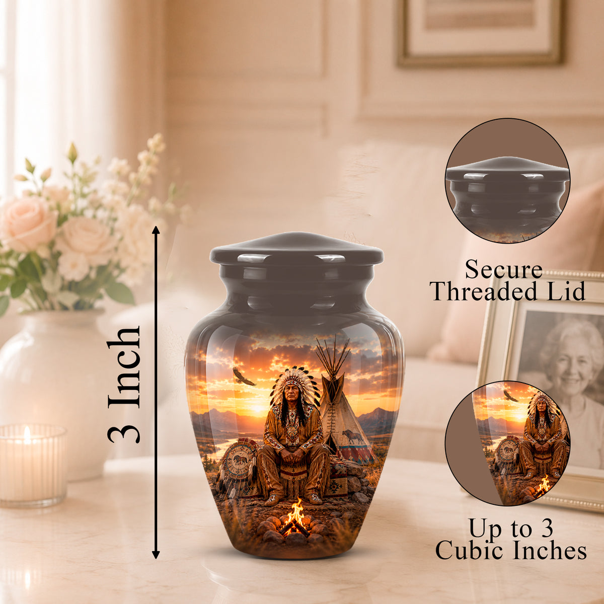 A decorative urn-shaped jar with a black threaded lid, shown on a tabletop in a softly lit indoor setting. The jar features a printed sunset scene with a person in a feathered headdress, a teepee, and a campfire.