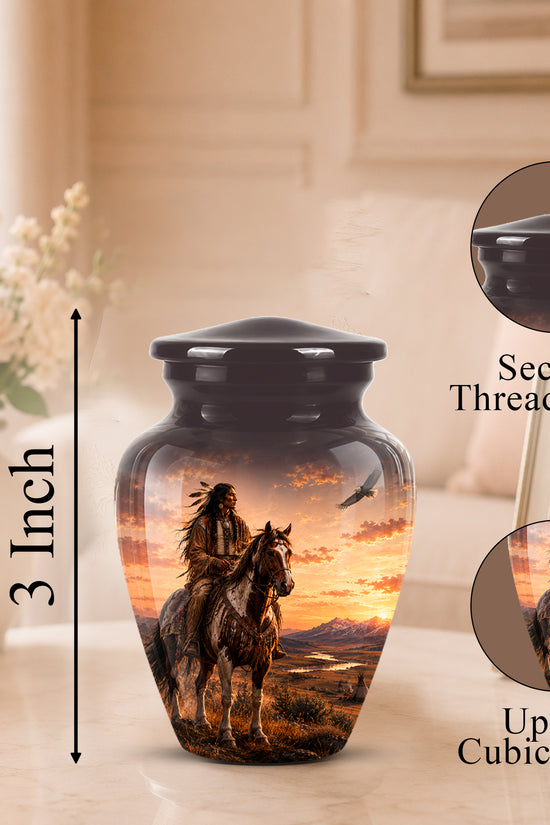 A black urn-style memorial vase with a printed western rider scene on the front, shown on a tabletop in a softly lit room. The image includes callout graphics: a vertical 3-inch height marker and circular insets showing the secure threaded lid and a close-up of the printed design.