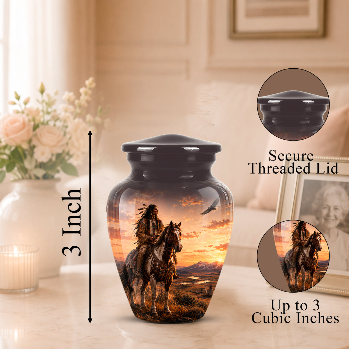 A black urn-style memorial vase with a printed western rider scene on the front, shown on a tabletop in a softly lit room. The image includes callout graphics: a vertical 3-inch height marker and circular insets showing the secure threaded lid and a close-up of the printed design.