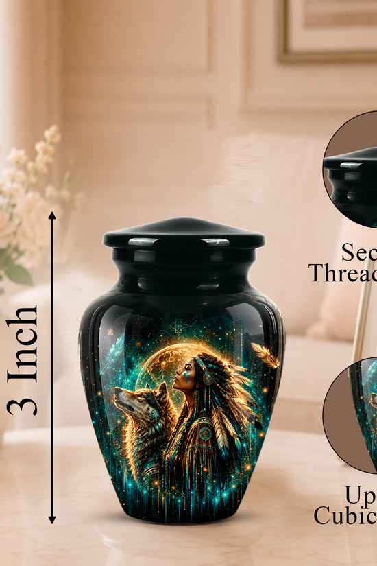 A black cremation urn with a glossy finish and a printed design of a woman and wolf under a glowing moon, shown on a tabletop with decorative flowers and a framed photo in the background. Callout text indicates 3 inch height and circular insets showing the secure threaded lid and up to 3 cubic inch capacity.
