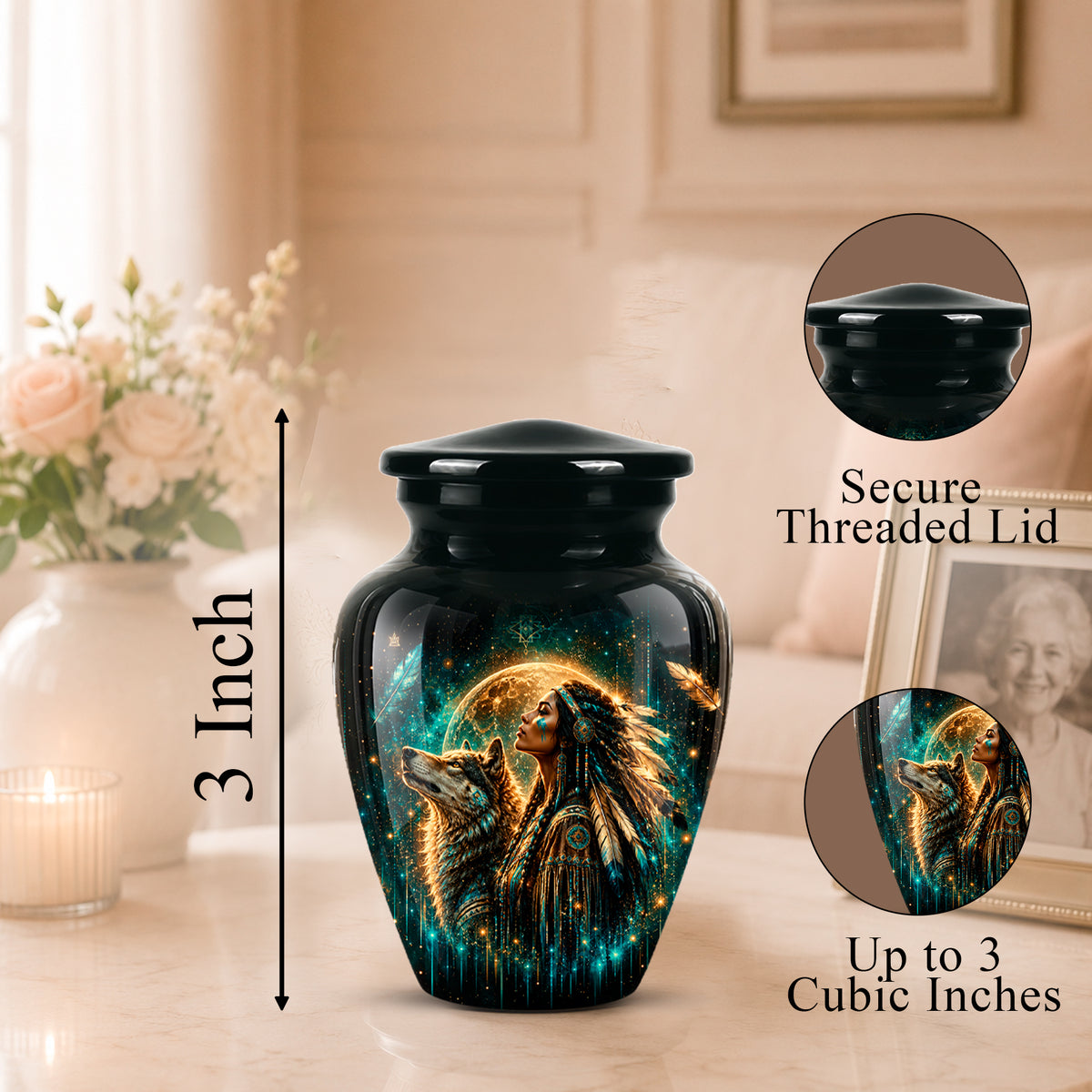 A black cremation urn with a glossy finish and a printed design of a woman and wolf under a glowing moon, shown on a tabletop with decorative flowers and a framed photo in the background. Callout text indicates 3 inch height and circular insets showing the secure threaded lid and up to 3 cubic inch capacity.