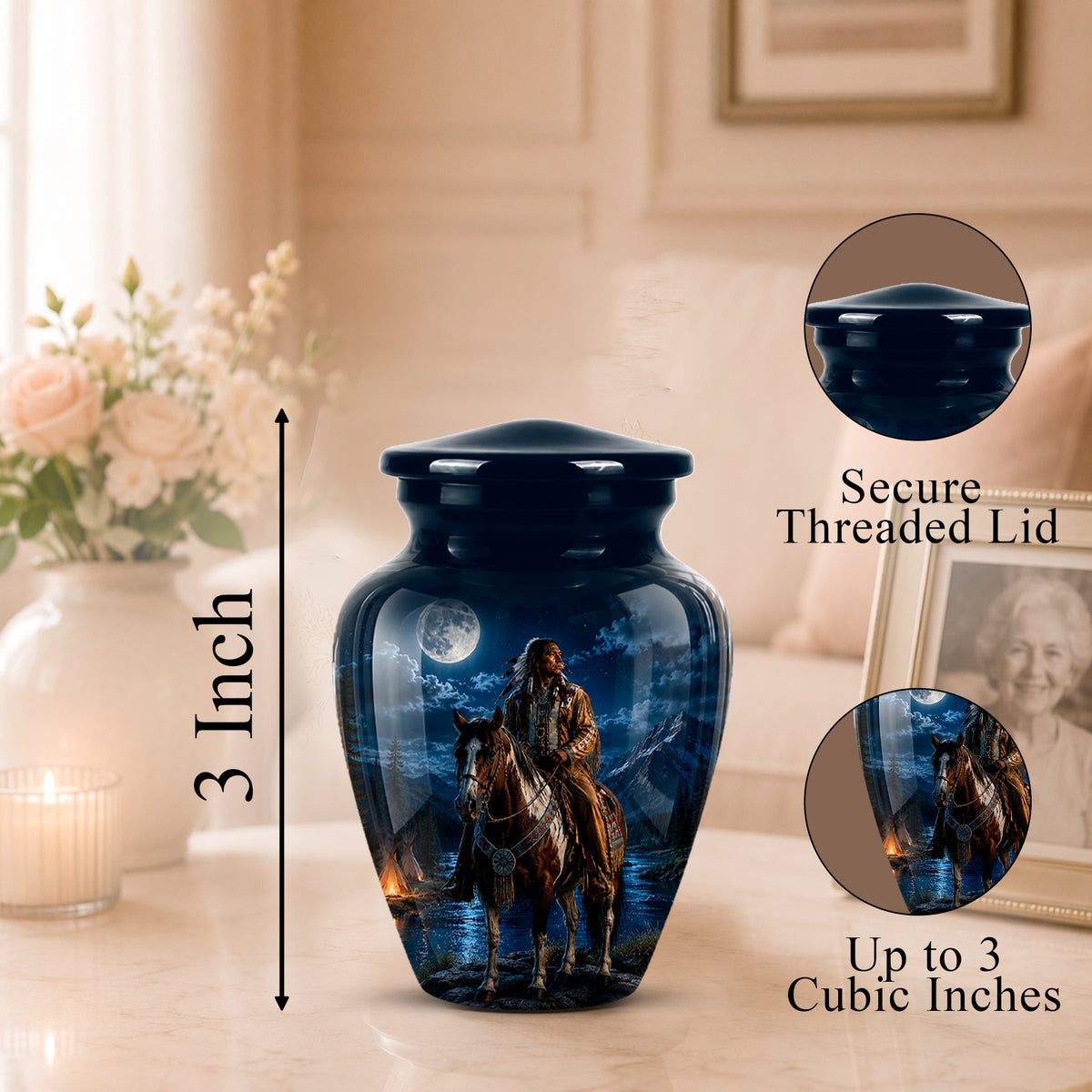A glossy dark blue urn-shaped memorial vase with a printed night-sky scene showing a rider on horseback and a full moon. The vase sits on a tabletop in a softly lit indoor setting, with a 3-inch height marker, a close-up inset of the secure threaded lid, and a close-up inset of the printed design.