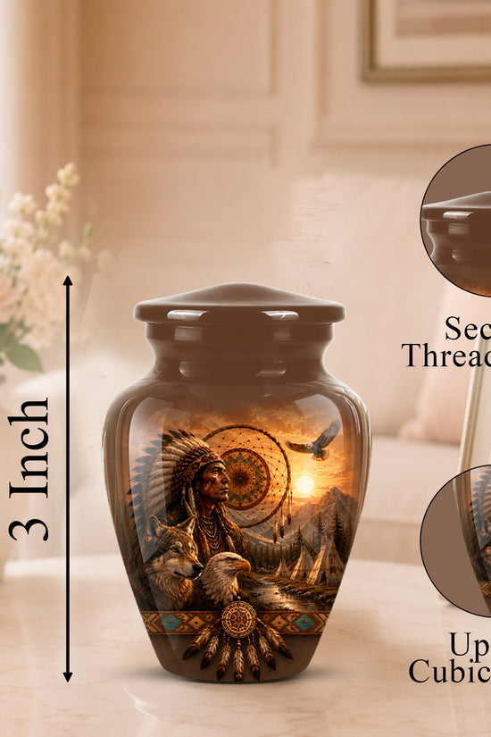 A decorative urn-shaped jar with a threaded lid, shown on a tabletop in a softly lit indoor setting. The jar has a glossy dark brown finish with a printed design featuring a Native American figure, birds, and a sun motif.