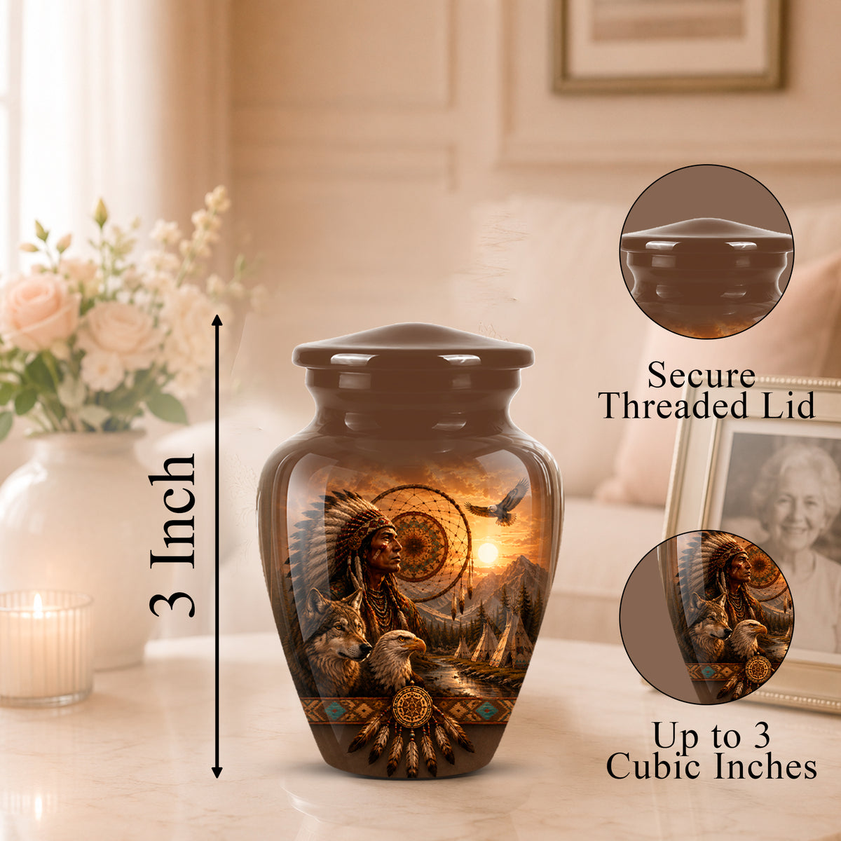 A decorative urn-shaped jar with a threaded lid, shown on a tabletop in a softly lit indoor setting. The jar has a glossy dark brown finish with a printed design featuring a Native American figure, birds, and a sun motif.
