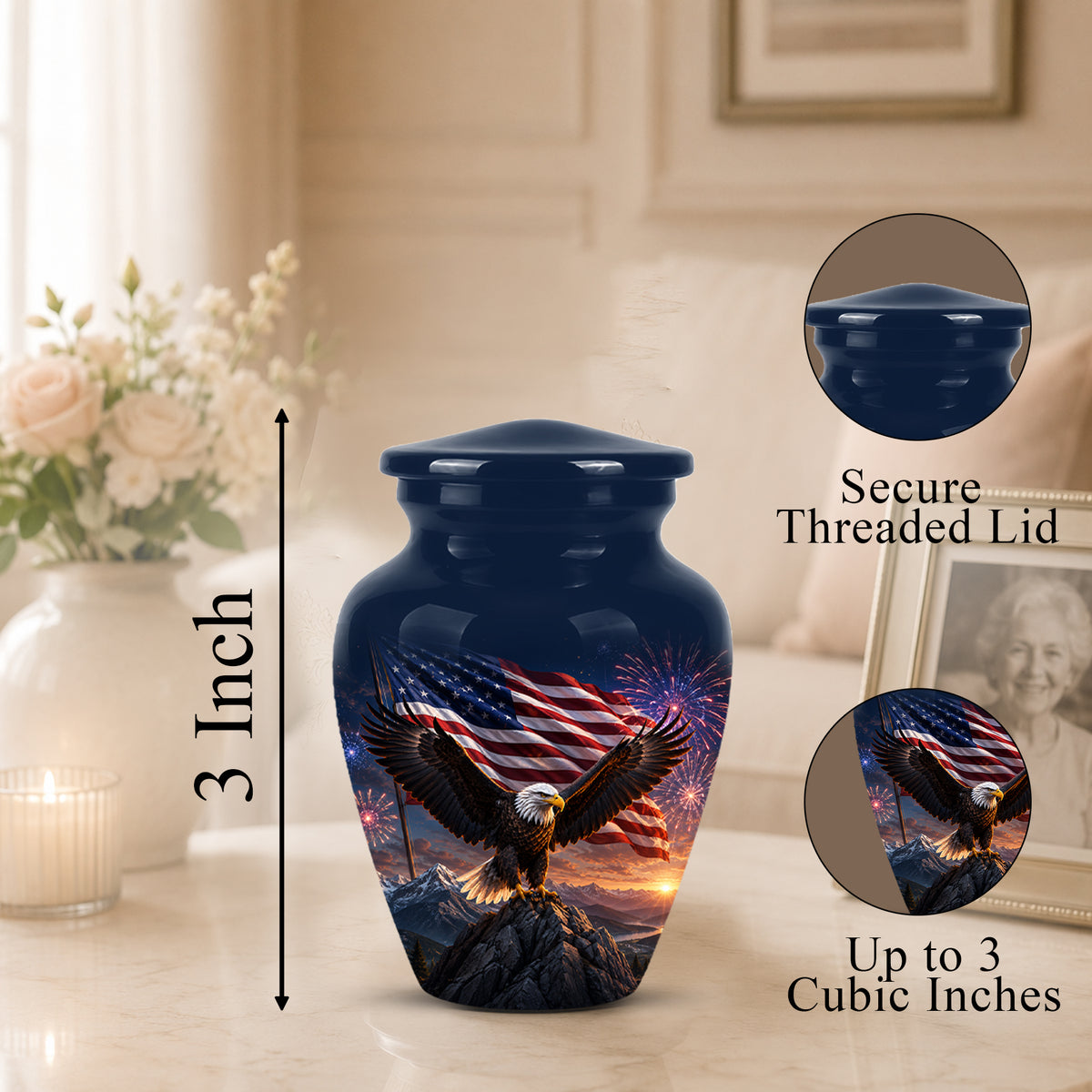 Patriotic Eagle & USA Flag Themed Urn - Aluminum Memorial Urns For Veterans