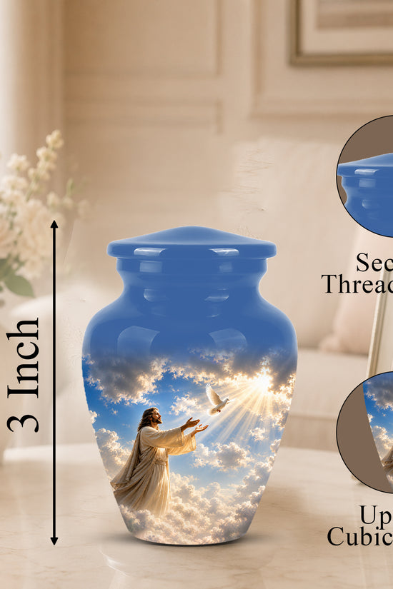 Personalized Jesus With White Dove Urn - Blue Aluminum Cremation Urns