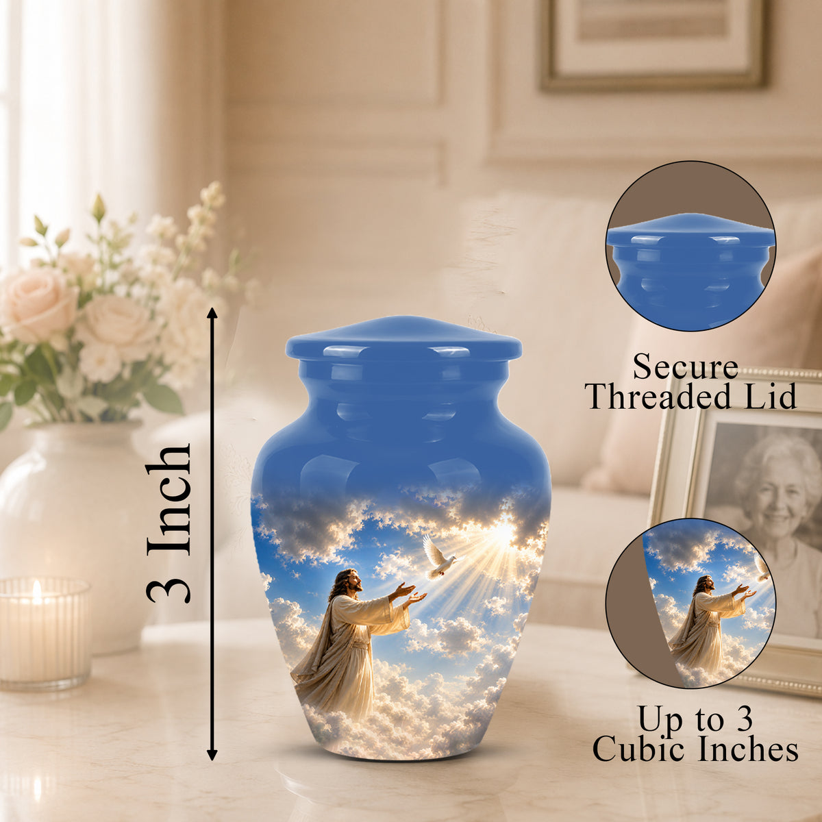 Personalized Jesus With White Dove Urn - Blue Aluminum Cremation Urns