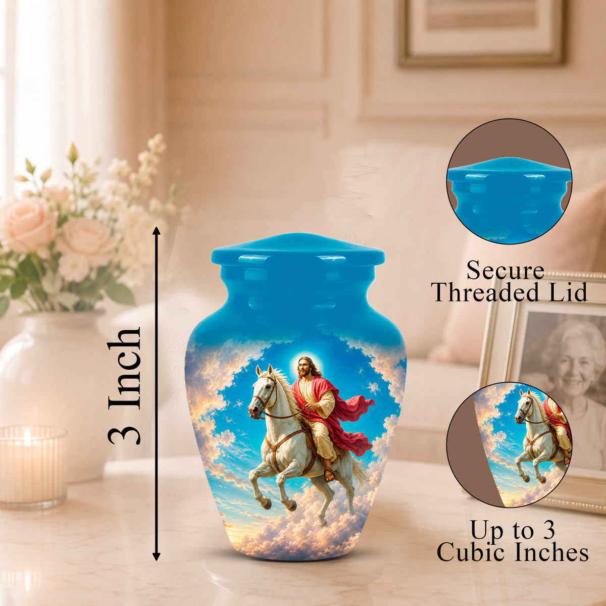 Blue ceramic cremation urn with a printed religious scene of Jesus riding a white horse through clouds, shown on a tabletop in a softly lit room. Black measurement text reads 3 Inch, with circular inset close-ups of the secure threaded lid and the printed design, plus text noting up to 3 cubic inches.