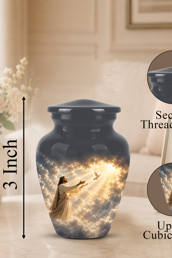 Jesus With Flying Dove Cremation Urn - Beautiful Sunrays Theme Urn For Ashes