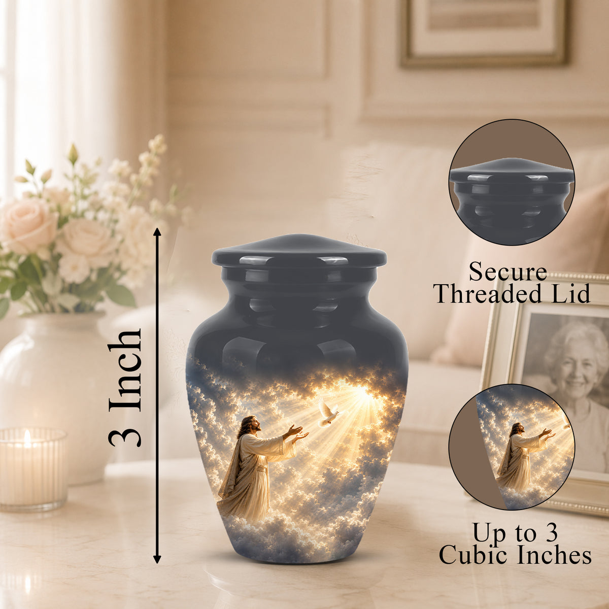 Jesus With Flying Dove Cremation Urn - Beautiful Sunrays Theme Urn For Ashes