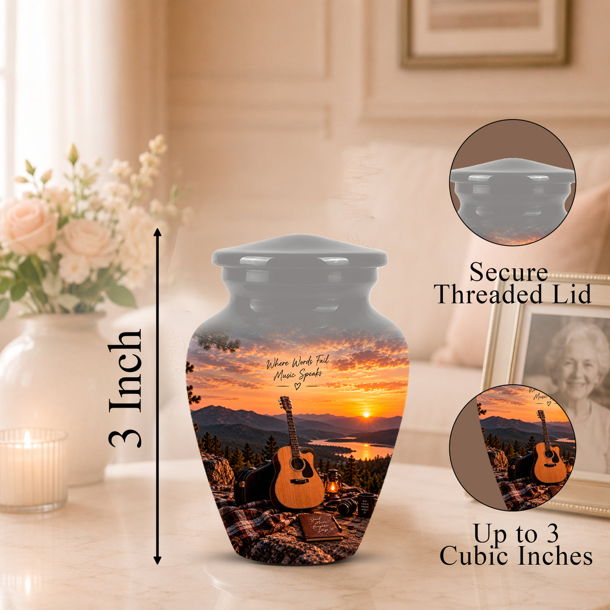 Personalized ceramic urn with a sunset landscape print featuring an acoustic guitar and mountains, shown on a tabletop with a 3-inch height marker, closed inset views of the threaded lid, and a framed photo in a softly lit room.