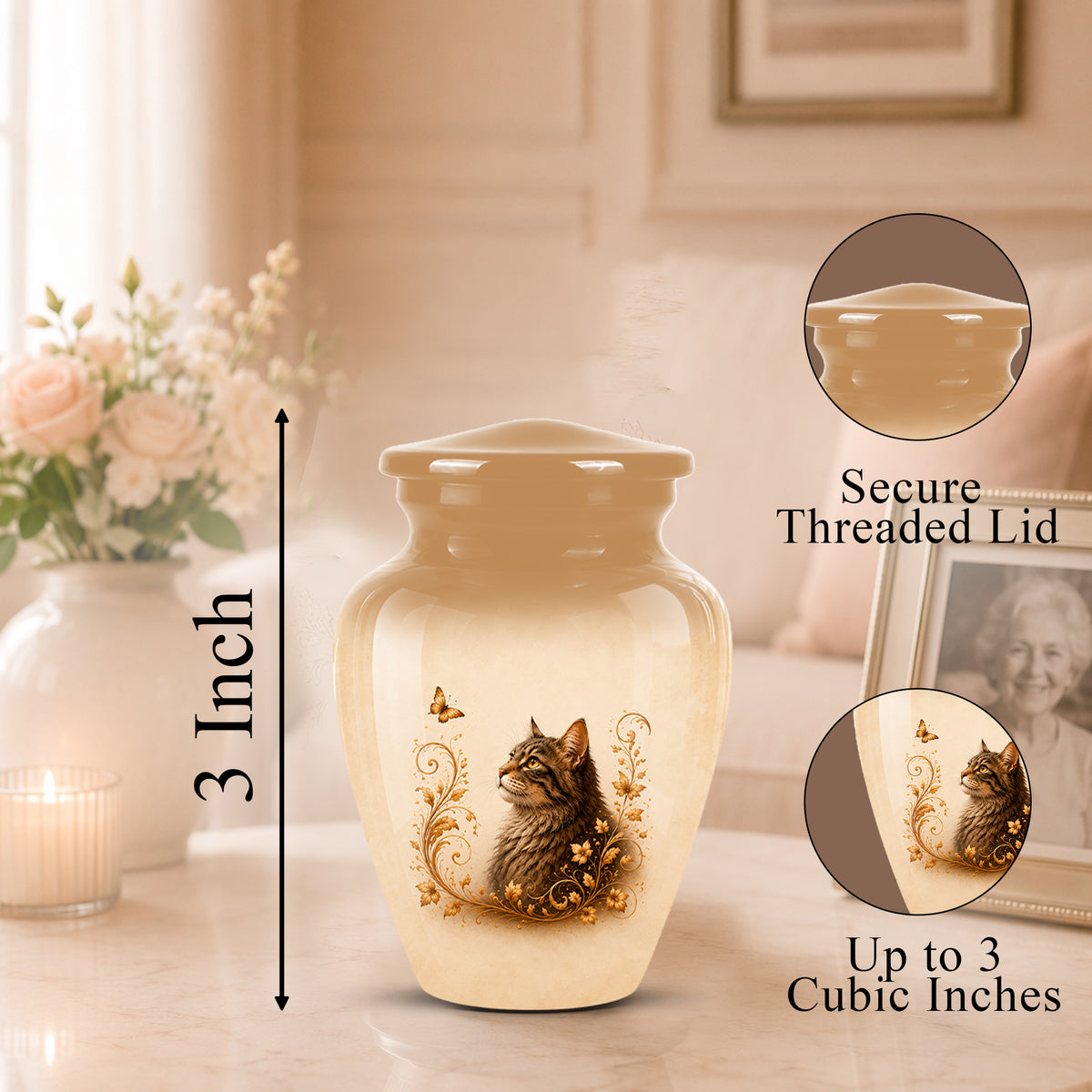 A cream-colored cremation urn with a printed cat illustration and gold scroll details, shown on a tabletop in a softly lit room. The image includes a height marker reading 3 Inch and two circular inset callouts highlighting the secure threaded lid and up to 3 cubic inch capacity.