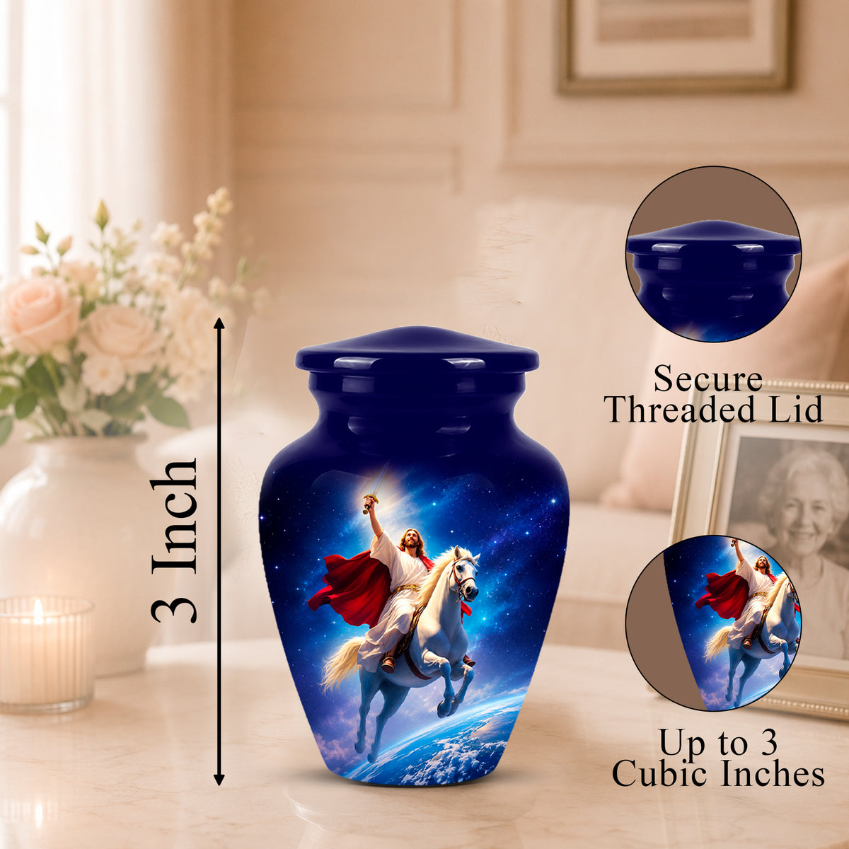 A glossy dark blue urn with a printed celestial scene of Jesus riding a white horse, shown on a tabletop with a vase of flowers and framed photo in the background. Black measurement text reads 3 Inch, with circular inset callouts showing the secure threaded lid and up to 3 cubic inch capacity.