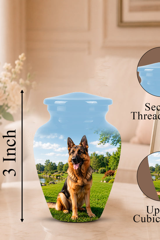 Personalized ceramic pet memorial urn with a German Shepherd photo printed on it, shown on a tabletop with a size marker reading 3 Inch and inset circles showing the secure threaded lid and up to 3 cubic inches capacity.