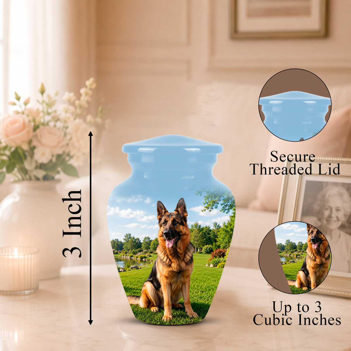 Personalized ceramic pet memorial urn with a German Shepherd photo printed on it, shown on a tabletop with a size marker reading 3 Inch and inset circles showing the secure threaded lid and up to 3 cubic inches capacity.