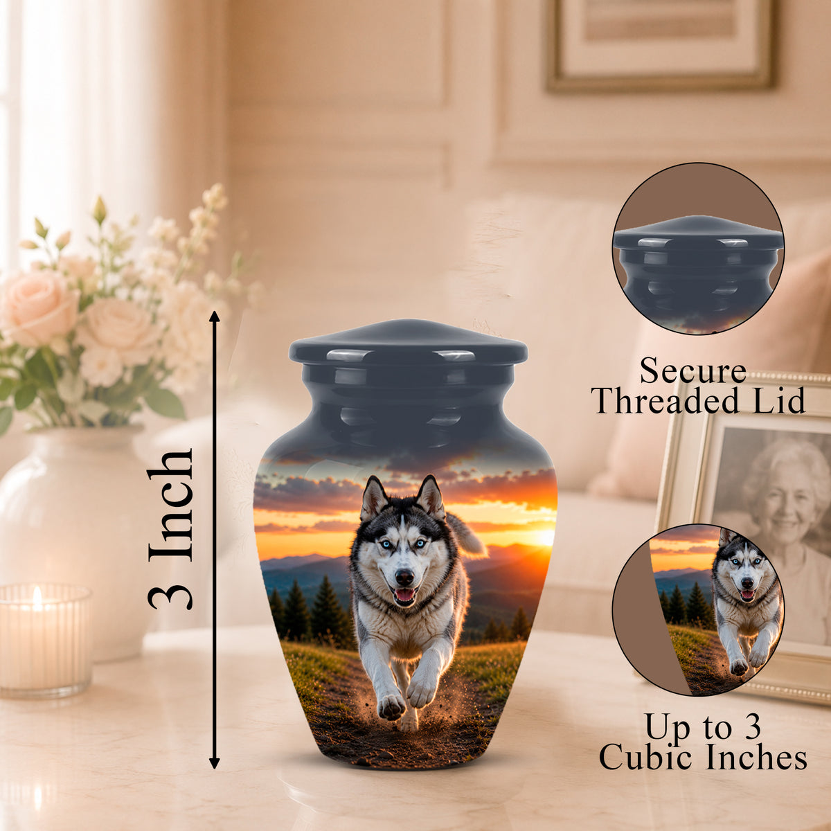 A pet urn vase with a printed husky running at sunset design, shown on a tabletop with a blurred living room background. Black text indicates 3 inch height and includes callout circles for the secure threaded lid and up to 3 cubic inches capacity.