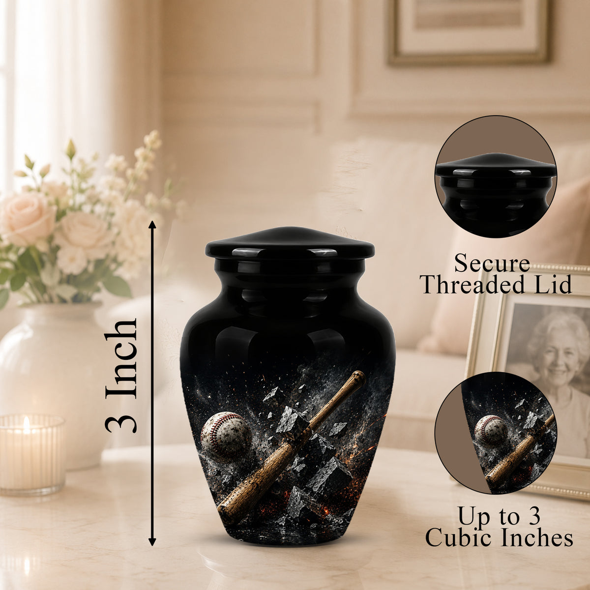 Baseball Bat Shattering Stone Urn - Custom Black Funeral Urns For Ashes