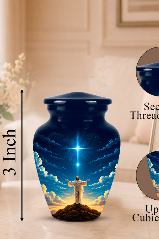 A glossy dark blue urn-shaped cremation vase with a printed sky-and-roof scene showing a glowing figure on a hill, displayed on a tabletop in a softly lit room. Black measurement text reads 3 Inch, with circular inset callouts showing the secure threaded lid and up to 3 cubic inch capacity.