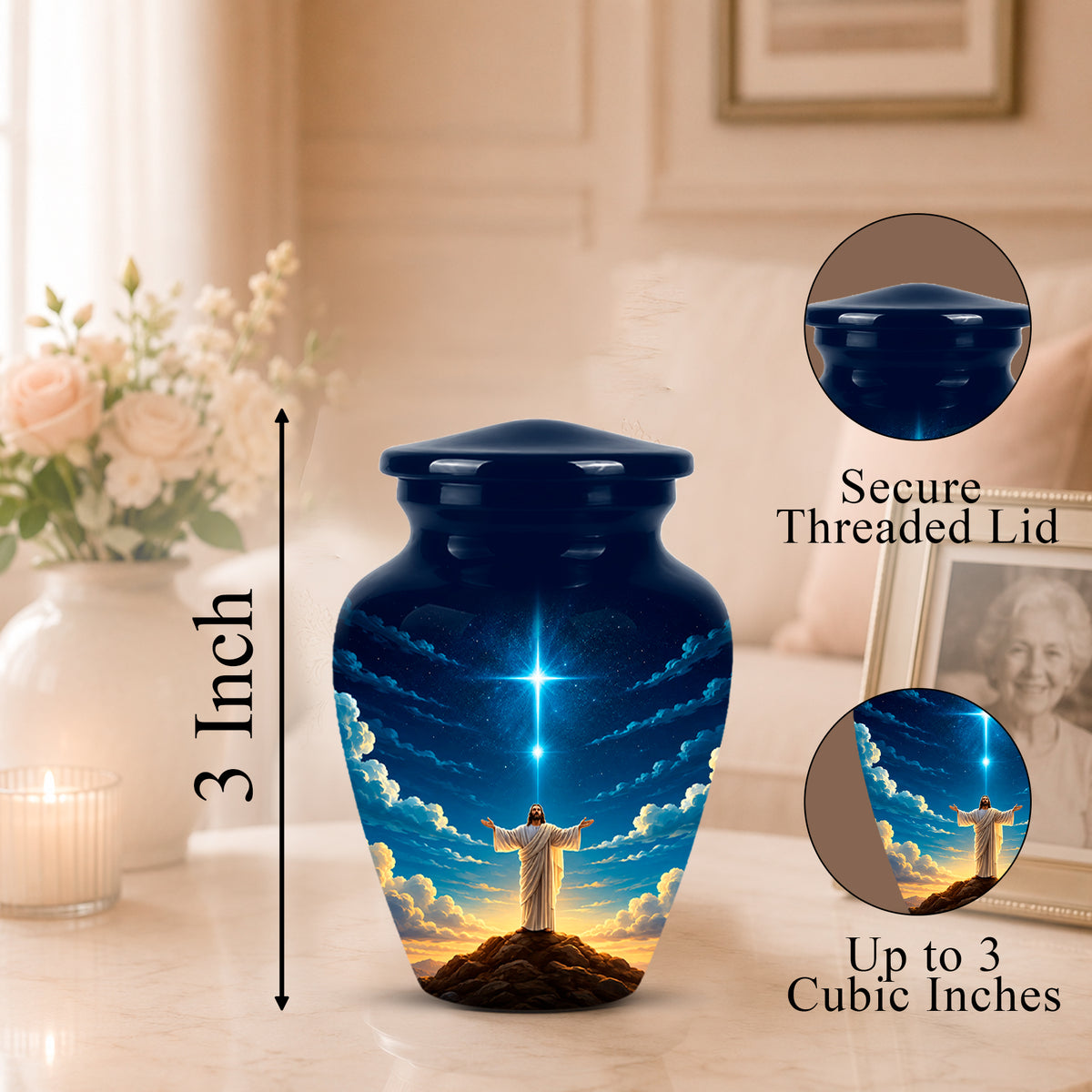 A glossy dark blue urn-shaped cremation vase with a printed sky-and-roof scene showing a glowing figure on a hill, displayed on a tabletop in a softly lit room. Black measurement text reads 3 Inch, with circular inset callouts showing the secure threaded lid and up to 3 cubic inch capacity.