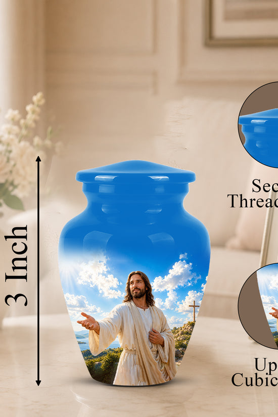 Blue Jesus Funeral Urn - Custom Aluminum Cremation Urn For Human Ashes