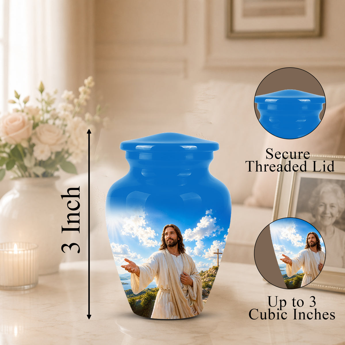 Blue Jesus Funeral Urn - Custom Aluminum Cremation Urn For Human Ashes